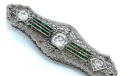 1950s 14K White Gold Filigree Diamond & Emerald Brooch