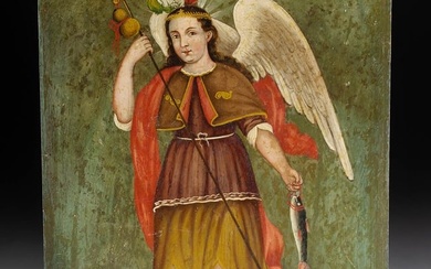 19th C. Mexican Tin Retablo of Archangel Raphael