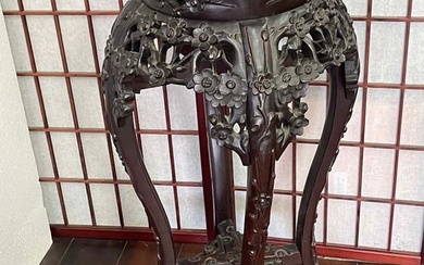 (19th c) CHINESE QING CARVED HARDWOOD MARBLE TOP PLANT STAND 19TH CENTURY CHINESE HARDWOOD AND