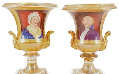 (2 Pc) Italian Porcelain George & Martha Washington Gilt Urns