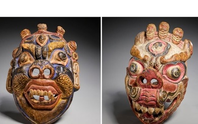 (2) antique Tibetan painted wood masks