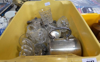 2 yellow boxes containing a quantity of glassware and silver...