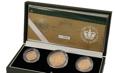 2002 Royal Mint three coin gold proof Sovereign set with Gol...