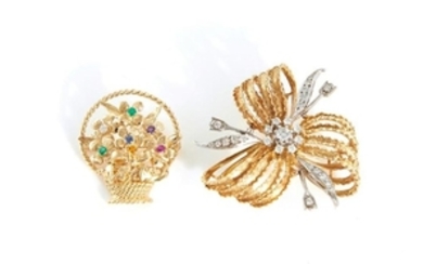 Diamond brooch, and gemstone brooch (2pcs)