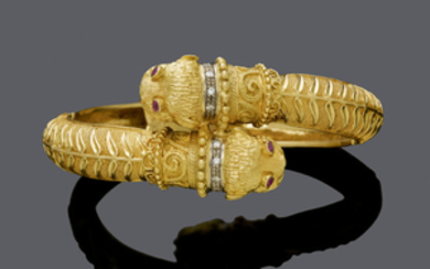 GOLD, DIAMOND AND RUBY BANGLE, BY ILIAS LALAOUNIS.