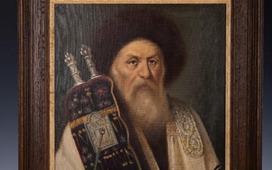 A LARGE PAINTING OF A HASIDIC MAN HOLDING A SEFER TORAH
