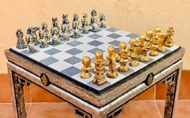 Vintage Chess - Italian Chess Table - Stone (mineral stone), Wood, Bronze Cast with Gold and Silver