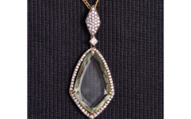 18 kt. Gold - Necklace Green quartz - Diamonds