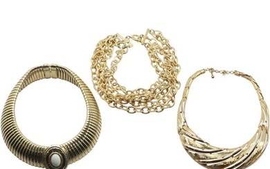 3 Assorted Designer Costume Gold Tone Necklaces: Monet Gold Tone Hard Collar Necklace;