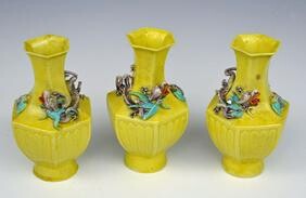 3 Chinese Imperial Yellow, Dragon & Bat Vases