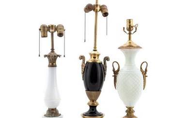 3 PCS, BRASS MOUNTED OPALINE AND BLACK TABLE LAMPS