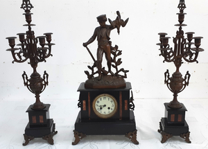 3 PIECE FRENCH PATINATED METAL MARBLE CLOCK SET