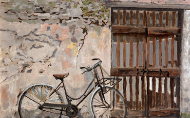 Carlo Socrate ( Mezzanabigli (PV) 1889 - Roma 1967 ) , "La bicicletta" olio su masonite (cm 40x50) Firmato in basso a destra In cornice