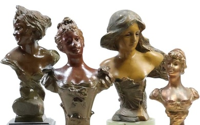 4 Assorted Antique Cast Metal Spelter Art Nouveau Women Busts on Pedestals Cabinet Statuary