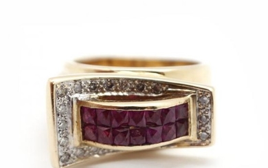 14k Yellow Gold, Diamond and Ruby Modern Cocktail Ring