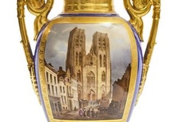 47-Brussels: Vase on bi-aned pedestal showing Brussels Cathedral...