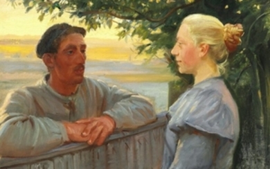 Anna Ancher: Meeting across the fence. Signed A. Ancher. Oil on canvas. 43 x 63 cm.