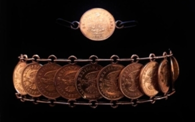 Bracelet serti de 22 pièces de 1 peso mexicain,…