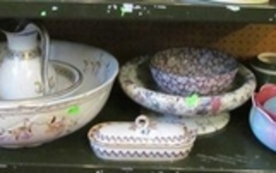 A Carlton Ware pottery wash bowl, Worcester bowl and ewer (a/f) and other china