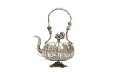 A CHINESE LOOP-HANDLED SILVER ‘PUMPKIN’ TEAPOT AND COVER....