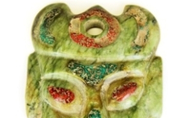 A Chinese mosaic decorated green soapstone face mask, 15 x 20cm.