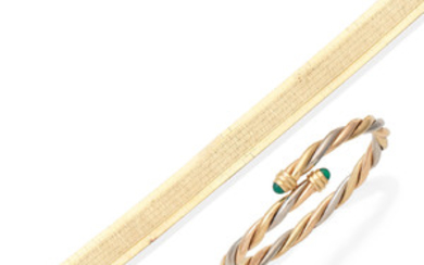 A chrysoprase torc bangle,, by Cartier, and a fancy-link bracelet