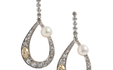 Edwardian Colored Diamond, Diamond, and Pearl Earrings