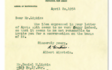 EINSTEIN, Albert (1879-1955). Typed letter signed (''A. Einstein'') to Daniel M. Lipkin, Princeton, 20 April 1954.