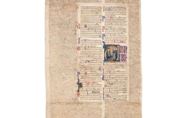 Emperor Justinianus as an enthroned king handing his lawcodes to two young men, on a large initial on a leaf from the Corpus Juris Civilis, in Latin, illuminated manuscript on parchment [France (probably Paris), thirteenth century]