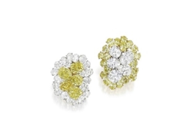 Pair of Fancy Colored Diamond, Colored Diamond and Diamond Earclips