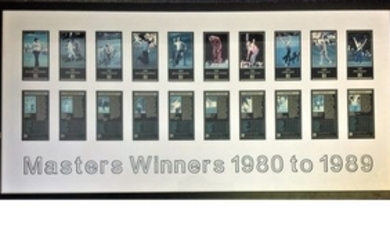 Golf Masters Winners 1980 to 1989 mounted and framed signature piece 10 signed colour cards from the winners includes Seve...