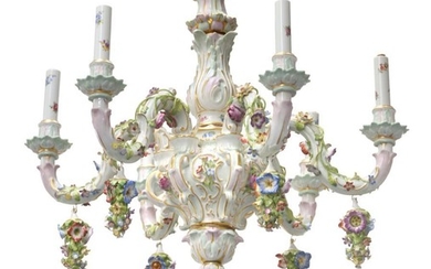 A Meissen Porcelain Six-Light Electrolier, 20th century, with leaf sheathed...