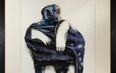 Morris Broderson Blue Figure Mixed Media on Paper