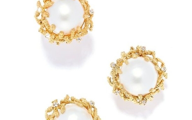 PEARL AND DIAMOND RING AND EARRINGS SUITE, BEN