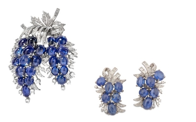 A sapphire and diamond brooch and earring suite...