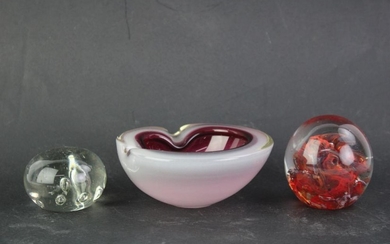 A Signed Art Glass Paper Weight Together with Art Glass Bowl and Another Paper Weight