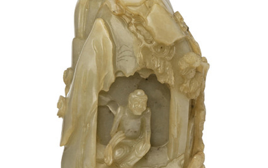 A SMALL YELLOWISH-GREEN JADE LUOHAN AND GROTTO GROUP, 19TH CENTURY