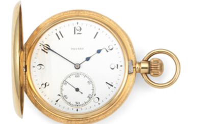 Tiffany. An 18K gold keyless wind half hunter pocket watch