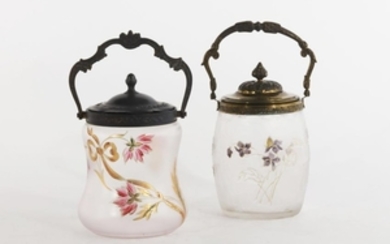 Two Art Nouveau glass biscuit barrels and a vase