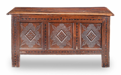A Charles II joined oak and inlaid coffer, Yorshire, Probably Bradford or Halifax, circa 1660-80