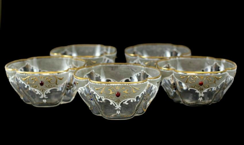 5 Continental Enamel & Jeweled Glass Bowls Moser Style