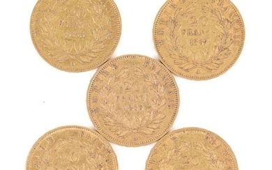 5 pieces of 20 Francs gold Napoleon III bareheaded (1855,...