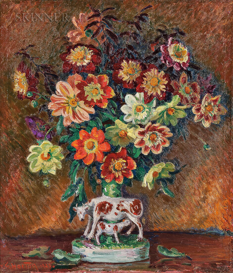 William Samuel Horton (American, 1865-1936) Colorful Dahlias in a Staffordshire Spill Vase