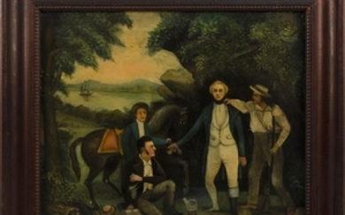 AMERICAN SCHOOL, 19th Century, "The Capture of Maj. Andre"., Oil on canvas, 17" x 20". Framed 22" x 25".