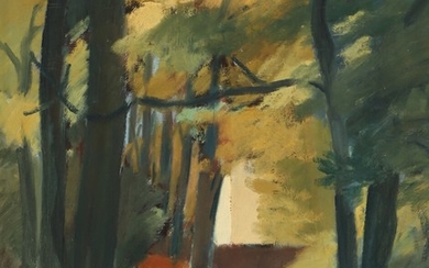 Leo Estvad: Landscape with path between trees. Signed Estvad. Oil on canvas. 91×72 cm.