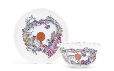 A FAMILLE ROSE EUROPEAN SUBJECT TEABOWL AND SAUCER, QIANLONG PERIOD, CIRCA 1750