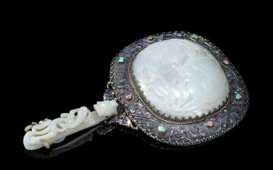 A jade and hardstone-inset silver repoussé hand mirror