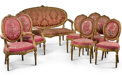 A suite of Northern European Louis XVI style carved giltwood seat furniture, mid-19th century