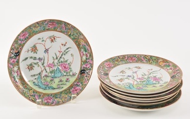 [7] 19th century Chinese export famille rose porcelain plates with landscape decoration and gilt