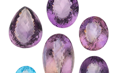 Unmounted Gemstones The lot includes two oval-shaped amethyst measuring...
